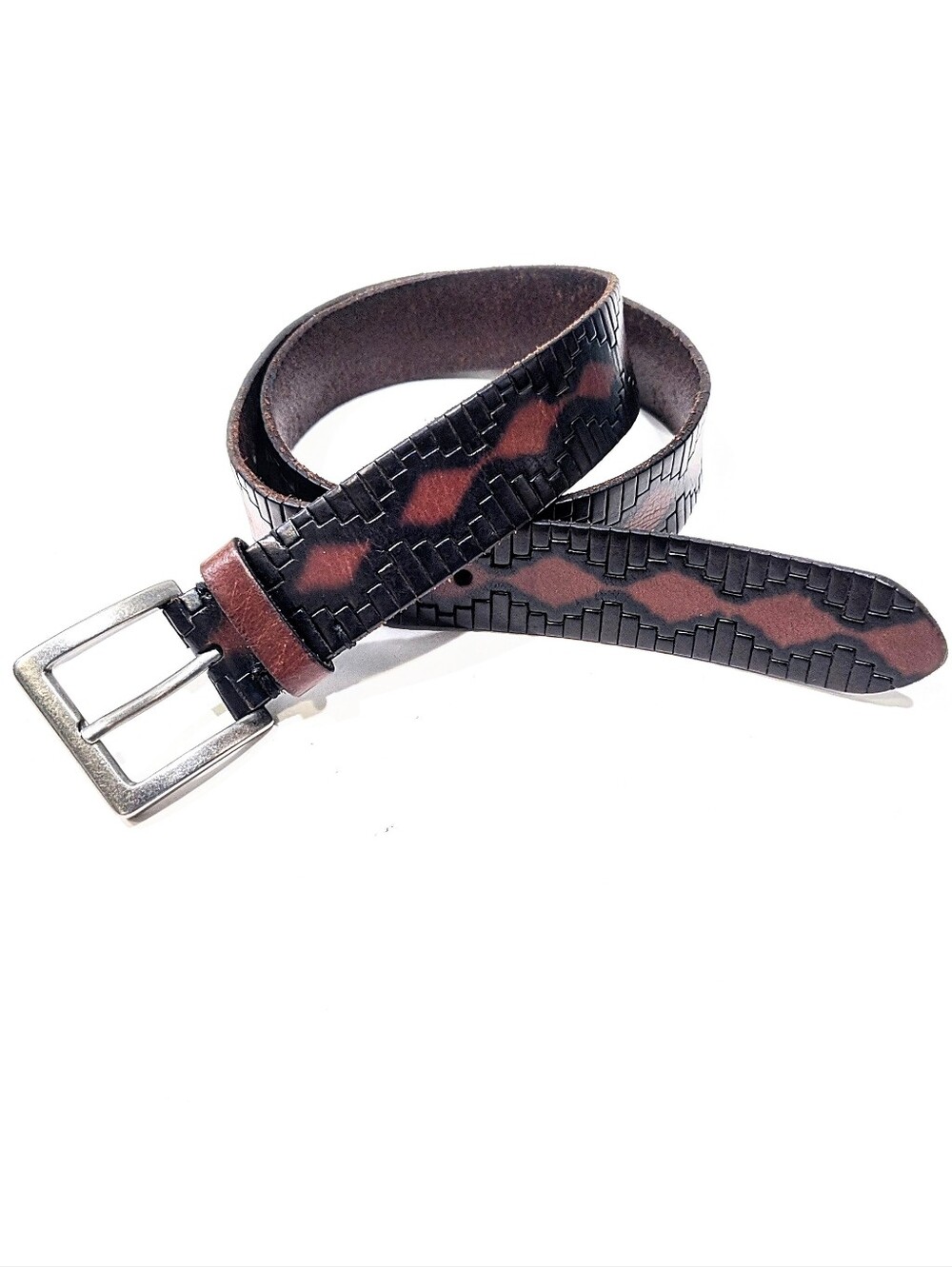 Lucky Brand Embossed Leather Men’s Belt Size 32 Brown Black Tooled Look India
